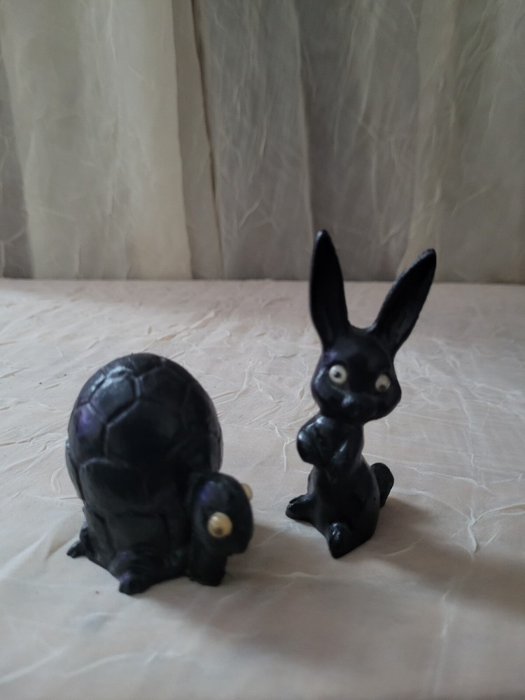 Coal Carved Turtle & Rabbit Statues with Googly Eyes - Lot of 2