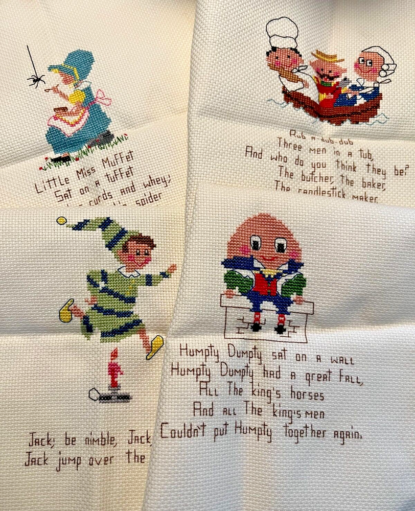 Lot of 4 Cross Stitched Nursery Rhymes Art Wall Decor Completed 8x10