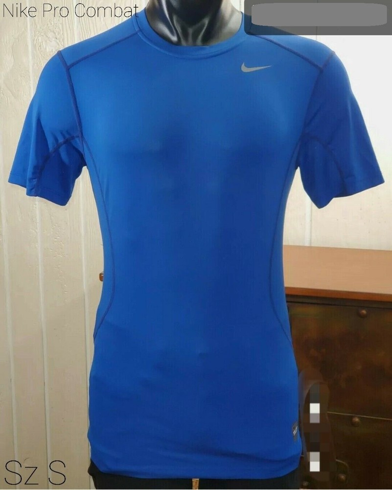 Nike Pro Combat DRI-FIT Fitted Blue Performance Sportswear Shirt Top Sz S