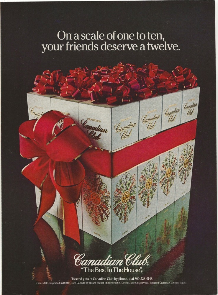 Vintage Print Ad Canadian Club Whisky - Gift Wrapped Bottles - Dec 1981-image