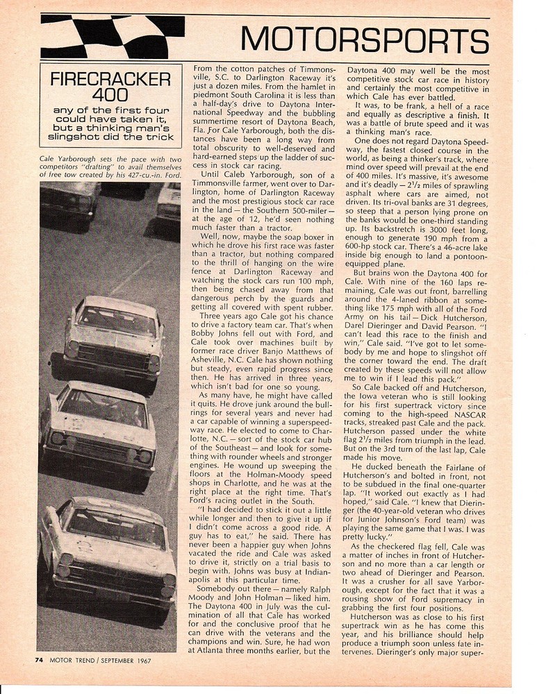 1967 FIRECRACKER 400 NASCAR RACE / CALE YARBOROUGH WINNER (FORD) ~ ORIG ARTICLE