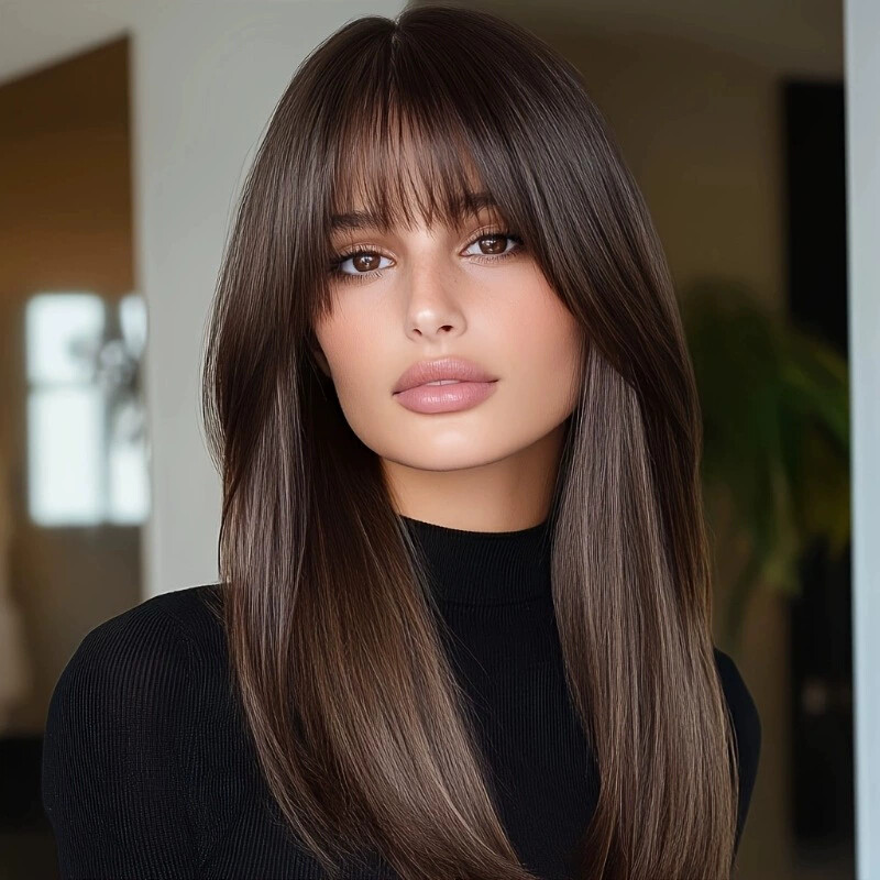 Brown Straight Wig With Bangs Human Hair 13x4 Lace Front Wig for Women