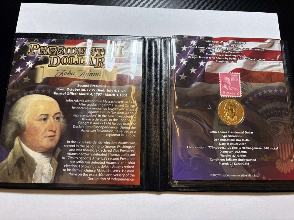 FIRST Commemorative Mint John ADAMS Presidential Dollar and Stamp