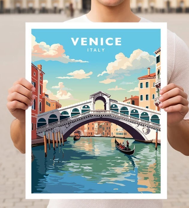 Venice Rialto Bridge Gondola Travel Wall Art Poster Print Italy