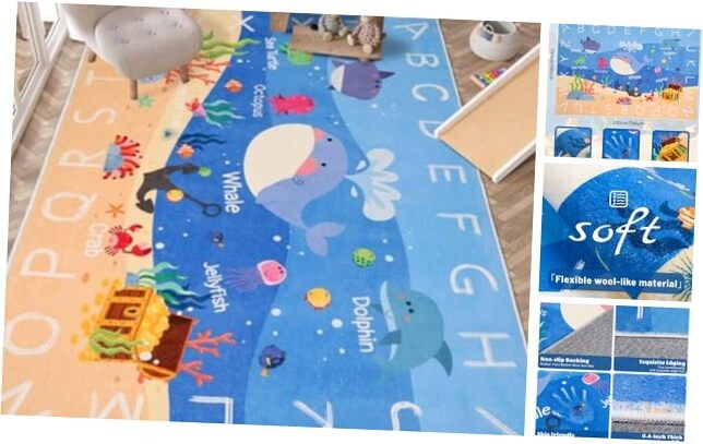 Non-Slip ABC Alphabet Whale Kids Rug for Playroom 78.7x59 Ocean Theme