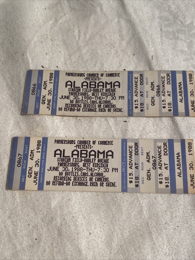 Alabama VINTAGE June 30 1988 CONCERT TICKET Parkersburg WV General Admin Pair