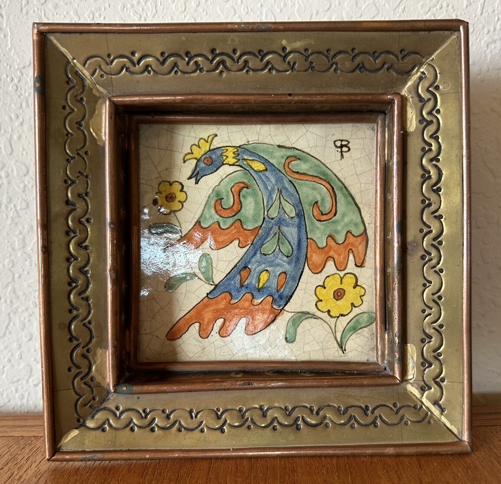 Vtg MCM Gene Byron of Mexico Hand Painted Tile Punched Tin/Brass/Copper? Frame