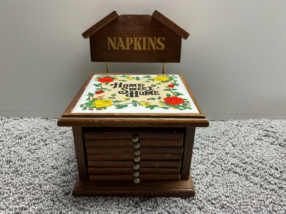 Vtg Home Sweet Home Ceramic Tile Wood Drink Coaster Set Adjustable Napkin Holder