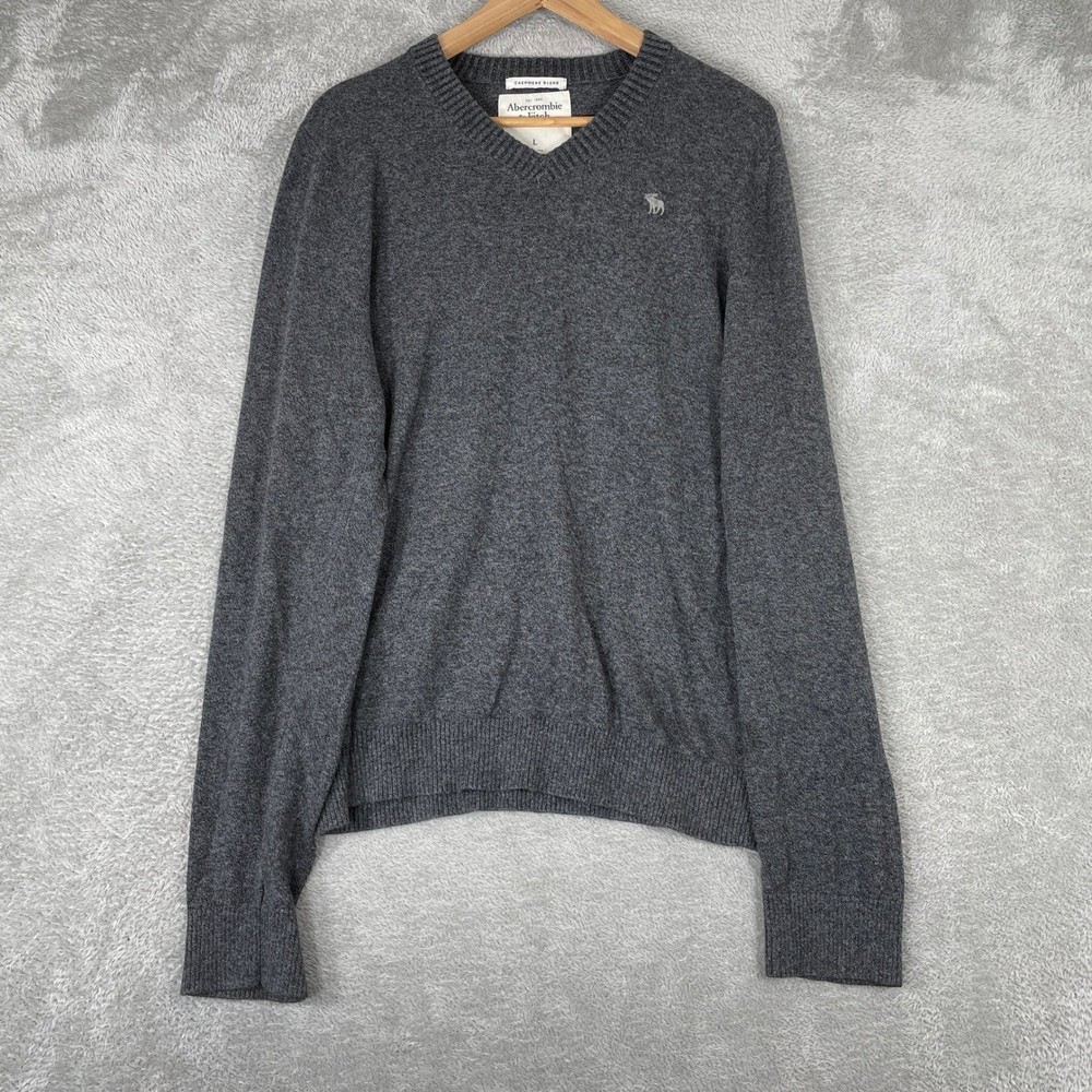 Abercrombie & Fitch Sweater Mens Large Gray Cashmere Blend V-Neck Moose Logo-image