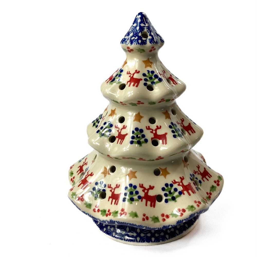 Prancing Reindeer Luminary Polish Pottery Tea Light Holder Tree hand crafted