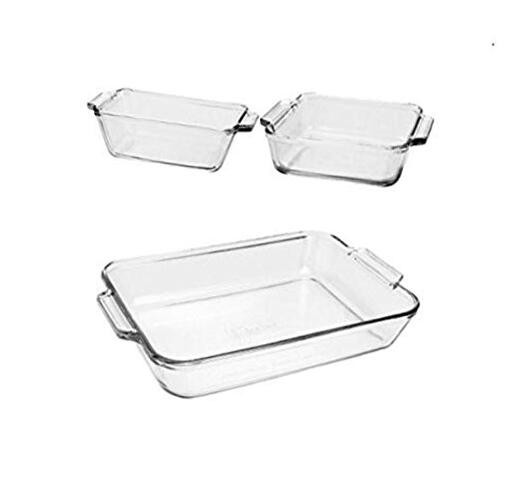 3-Piece Glass Bakeware Set with Square and Rectangular Pans for Oven Baking