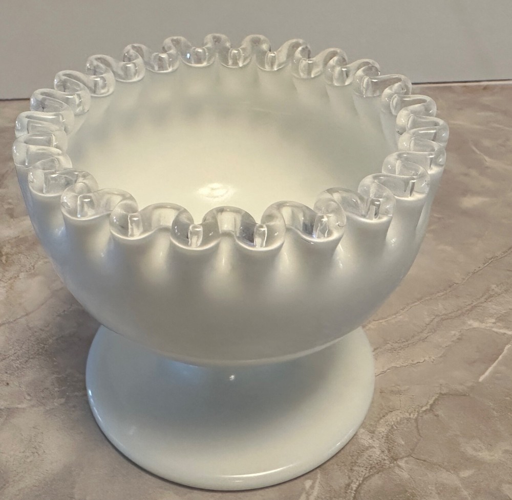 Vintage Fenton Silver Crest White Milk Glass Pedestal Bowl with Crimped Rim