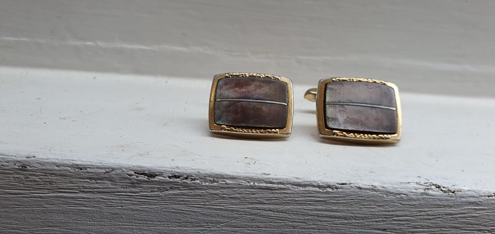 Vintage 1970 Gold Plated Abalone Shell Rectangle PR Cufflinks 1178