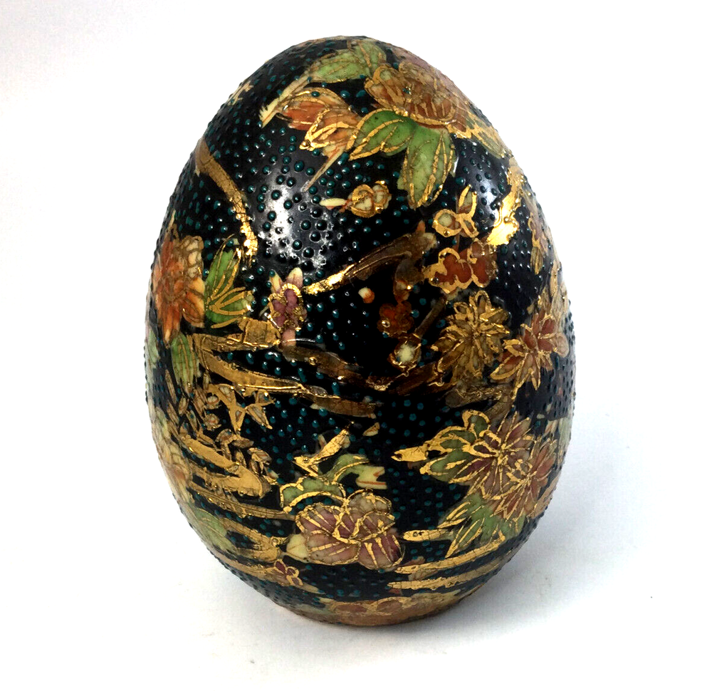Vintage Ceramic Egg with Gold Cloisonne Roses Floral Design  