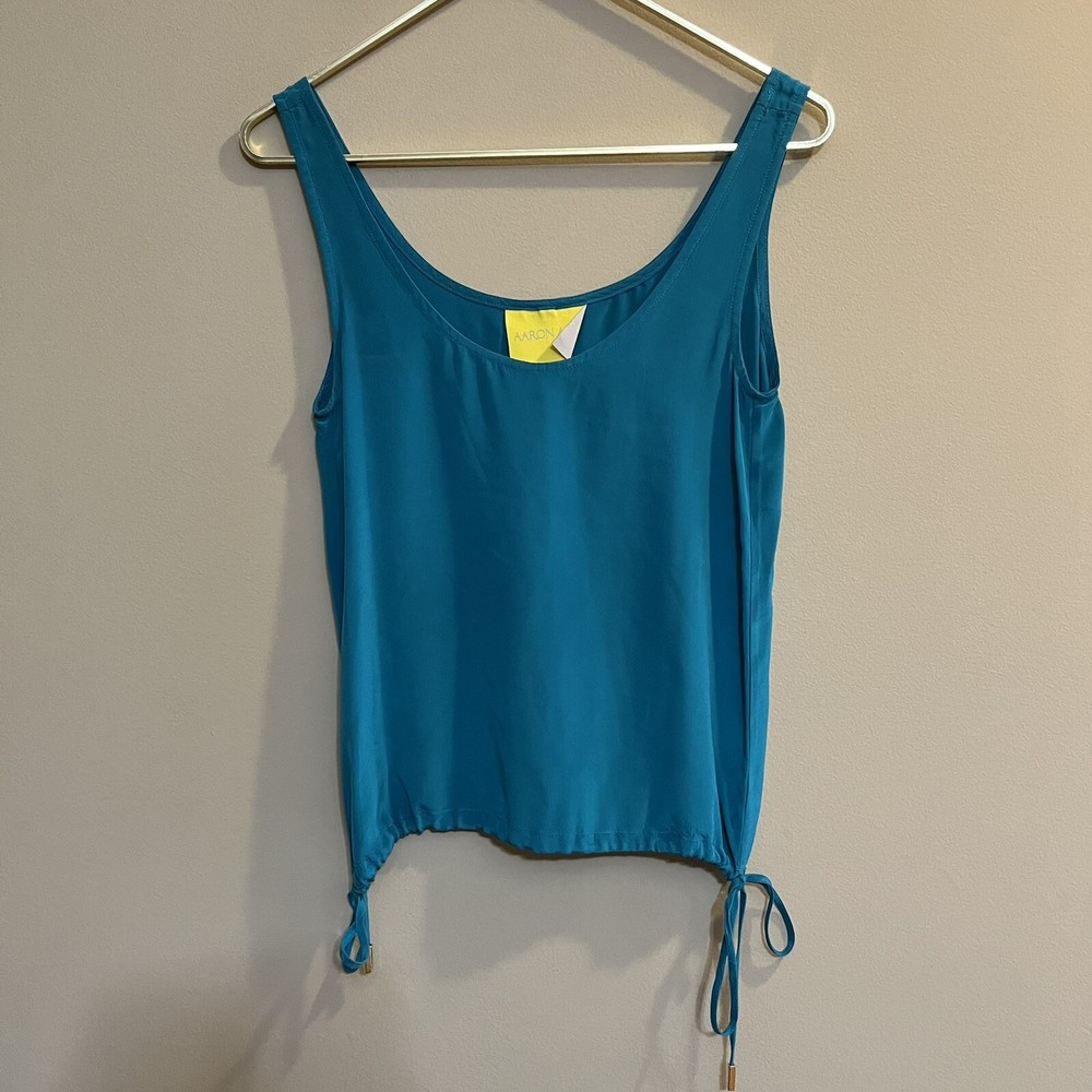 Aaron Ashe Womens Turquoise Blue Silk Sleeveless Tank Top with Gold Tie Detail XS-image