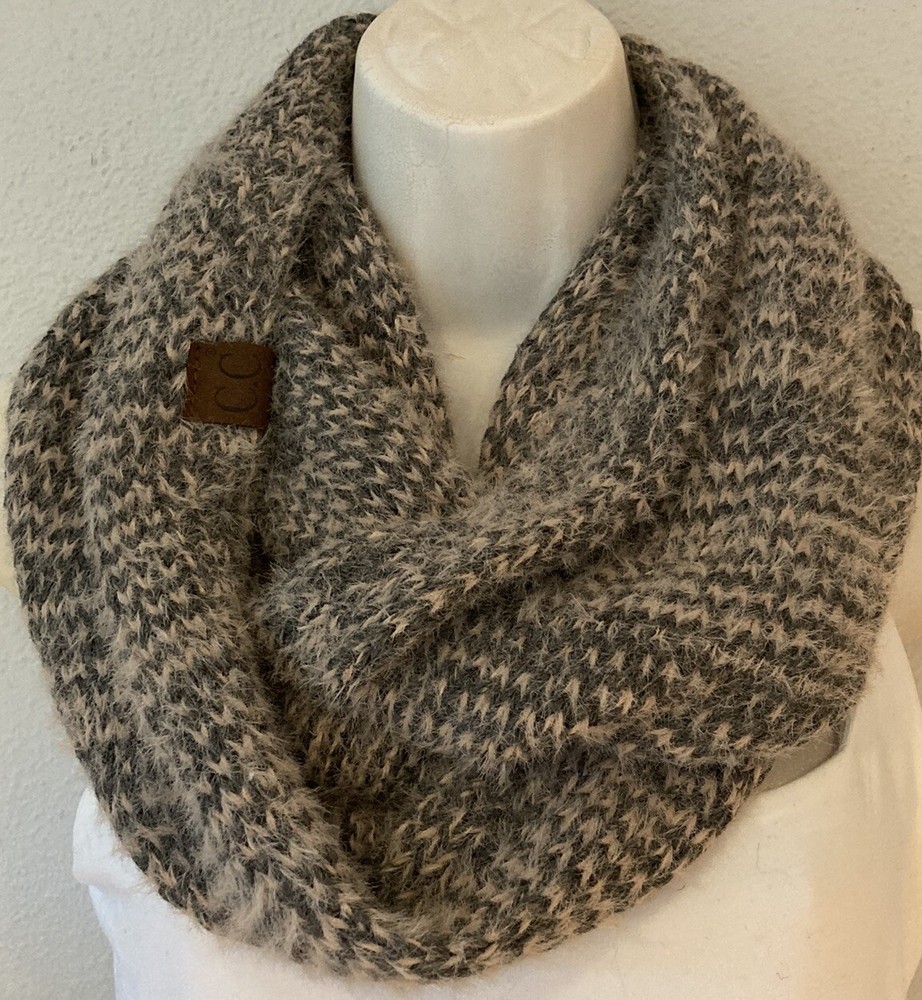 C.C Soft Furry Two Tone Knit Cowl Snood Loop Pullover Infinity Scarf Grey Pink