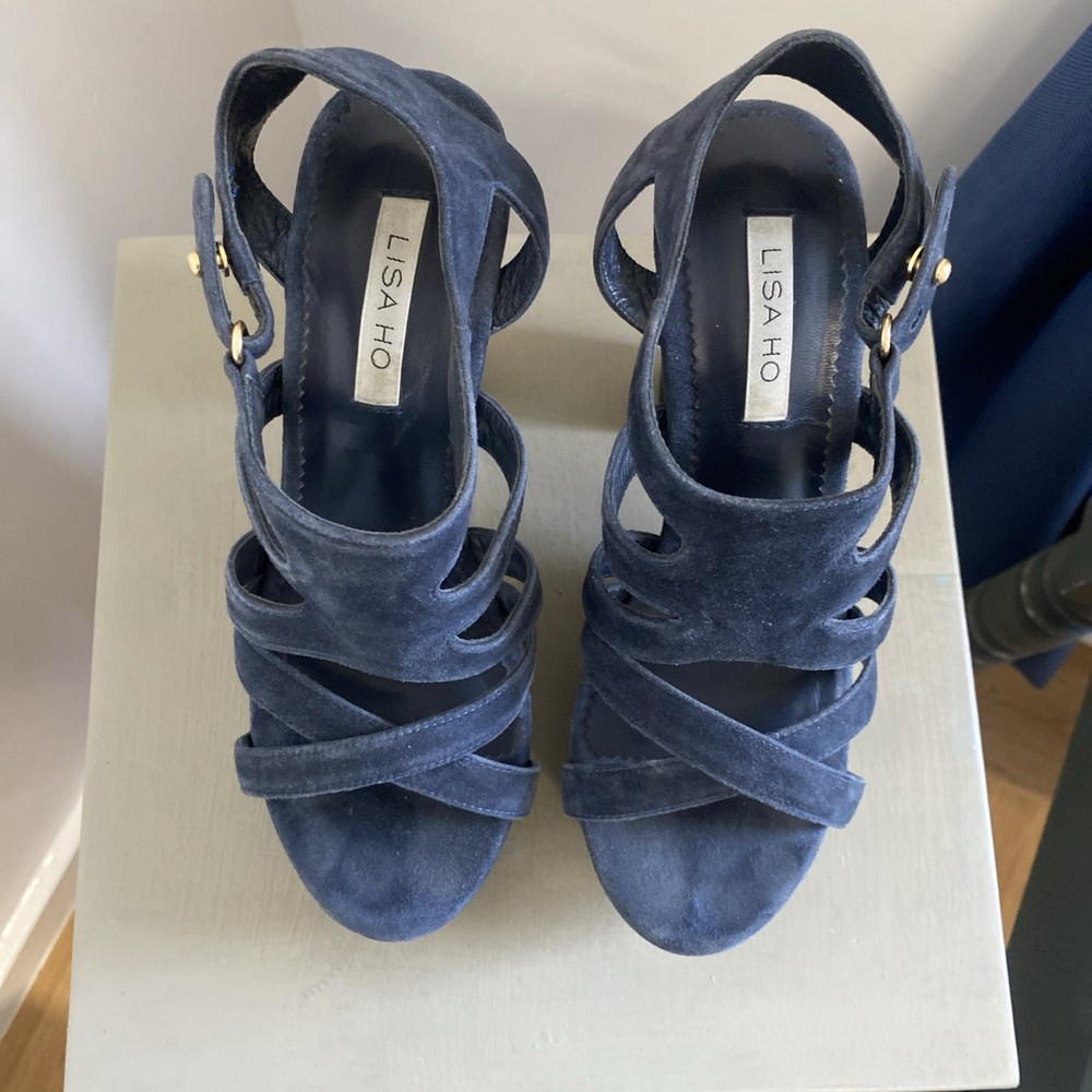 AAA+ Authentic Lisa Ho Blue Suede Platform Heels Size 39 Like New Condition-image