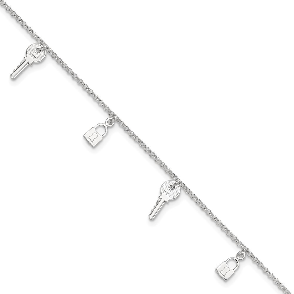 Sterling Silver Polished Lock & Key Anklet 10 Inch with 1 Inch Extender 4.17g