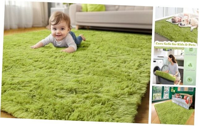 Fluffy Grass Green Shag Rug 4x6 for Bedroom or Living Room Furry Soft