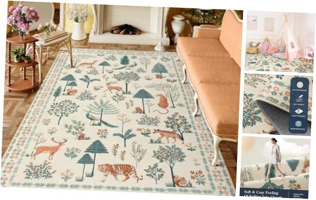 Jungle Themed Kids Playroom Rug 8x10 Soft Washable for Living Room or Bedroom