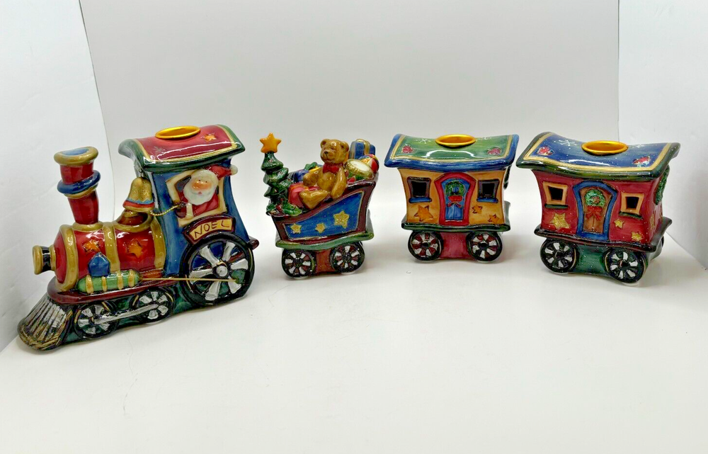 Ceramic 4 Piece Christmas Santa Train Taper Candle Holder w/Box Unused Handmade