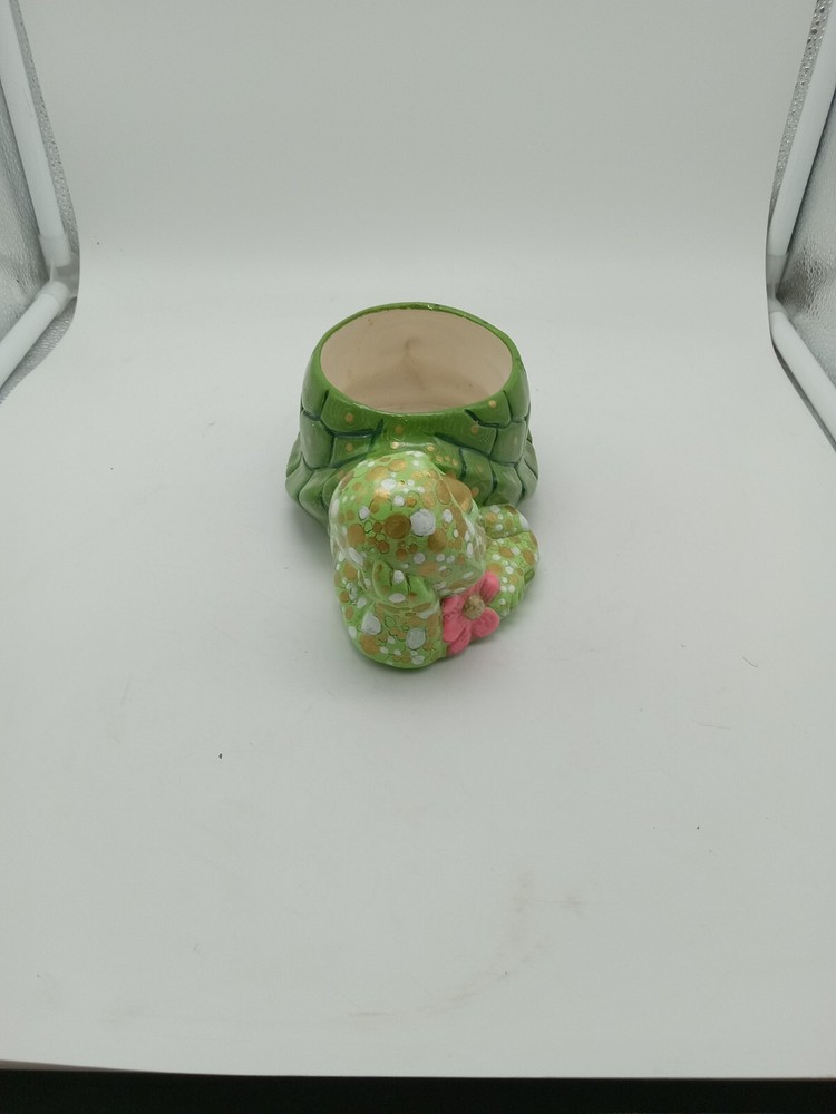 Turtle Planter Retro Kitschy Hand Painted Gold Accents Pink Flower