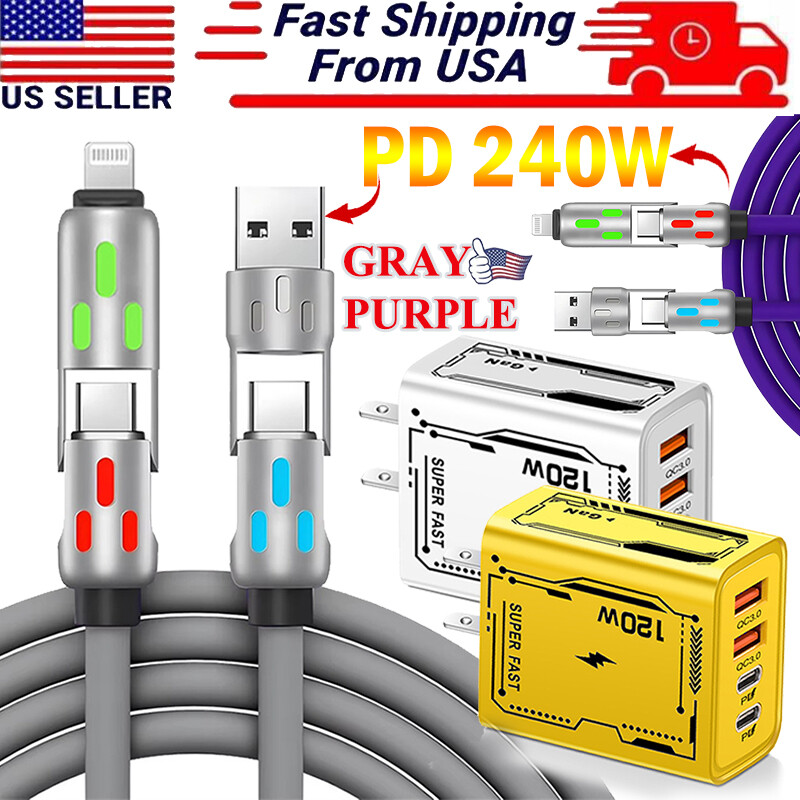 4 in 1 USB C Cable 240w Fast Charging & Data Sync Multi Silicone RGB Charge Cord