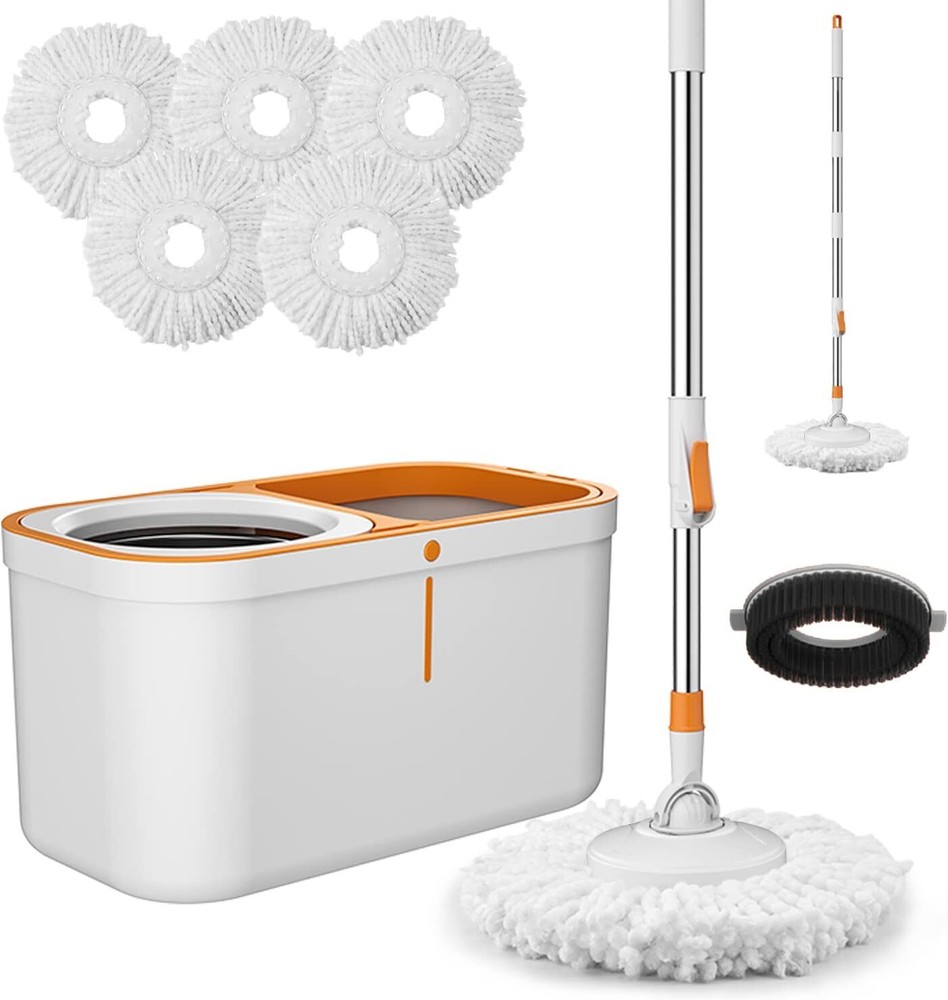 Spin Mop Bucket with Wringer System Extended Mop Handle 61＂Mop