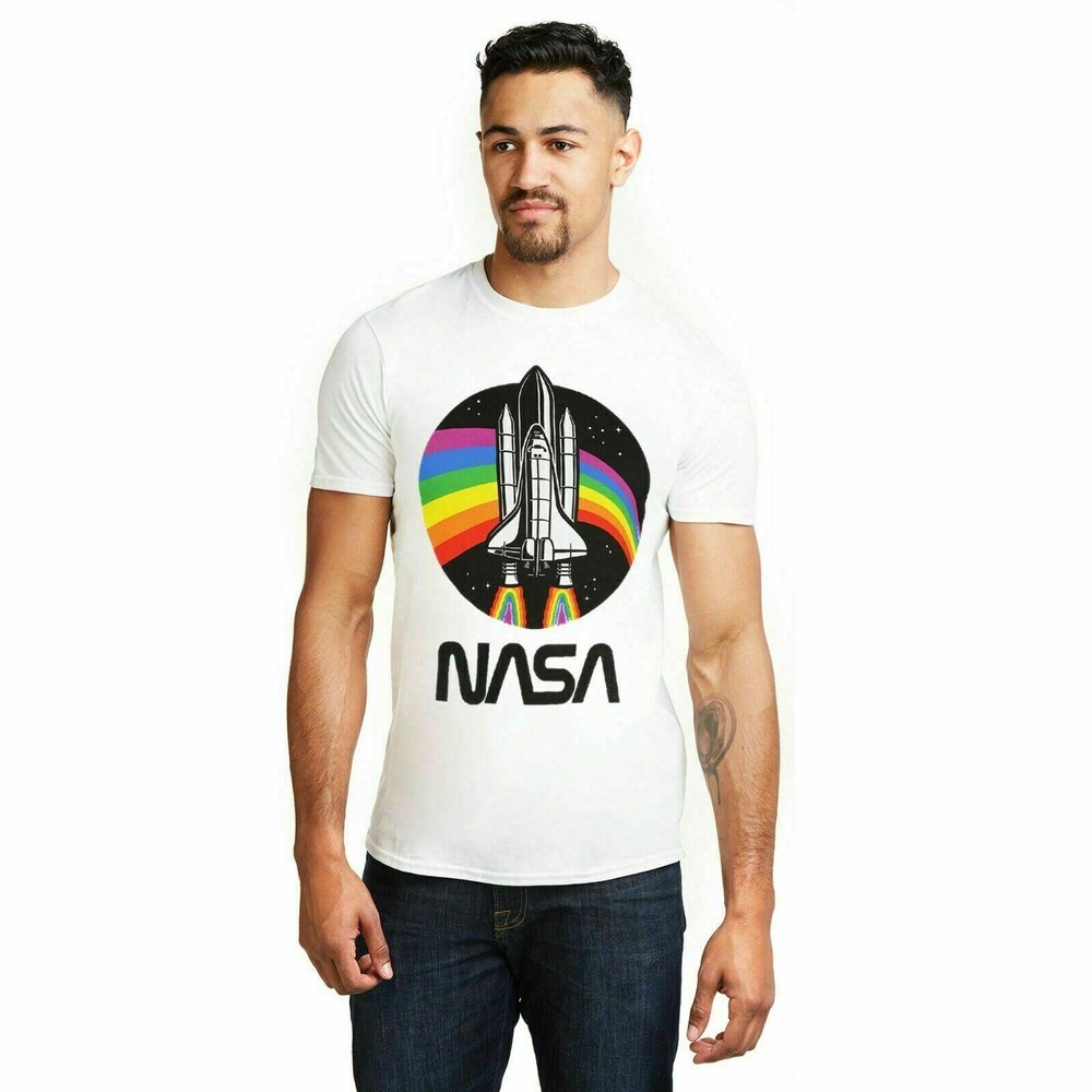 Official NASA Mens Rainbow Logo T-shirt White S - XXL