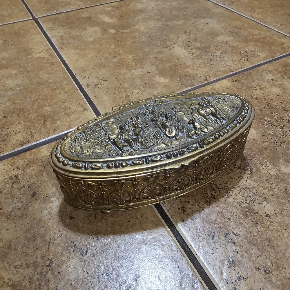 Vintage Brass Jewelery Box Trinket JB Early 1900s Hinged Jenning Bros Intricate