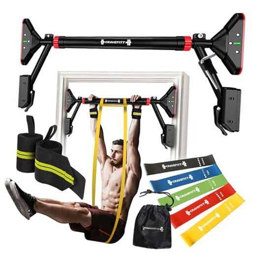 Pull Up Bar for Doorway with Resistance Bands & Wrist Wraps, Adjustable Chin