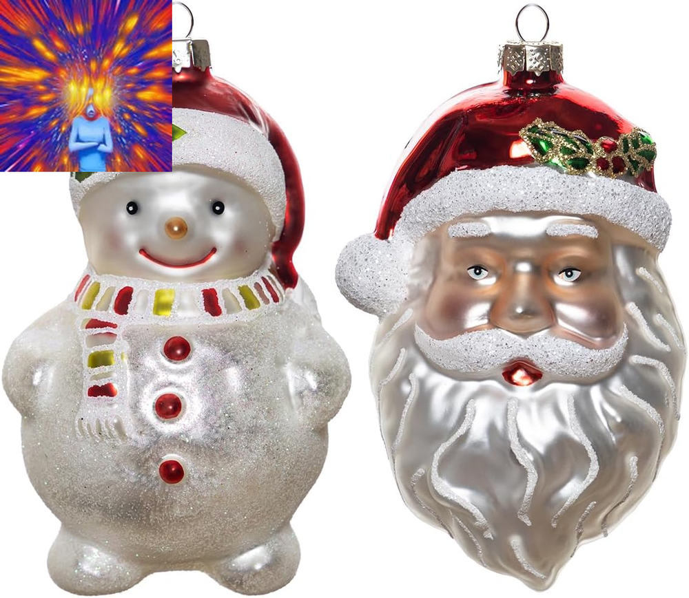Set of 2 Blown Glass Santa Ornaments and Snowman Ornaments for Christmas Tree, H