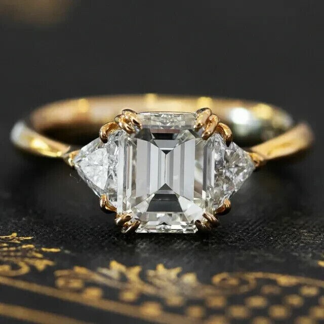 3Ct Emerald Cut Simulated Diamond Three Stone Band Ring 14k Yellow Gold Plated