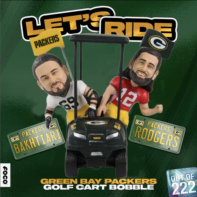 Aaron Rodgers and David Bakhtiari Green Bay Packers Golf Cart Bobblehead New in Box-image
