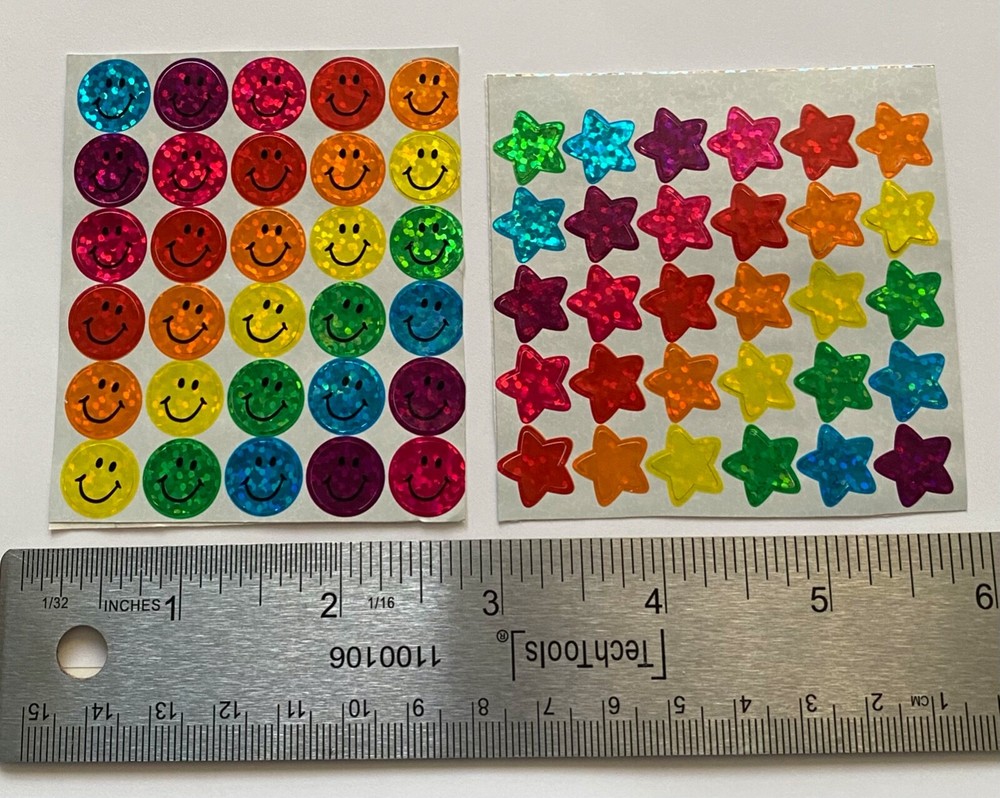 Vintage 90s Classic Stickers glitter rainbow colors happy smiley face and stars