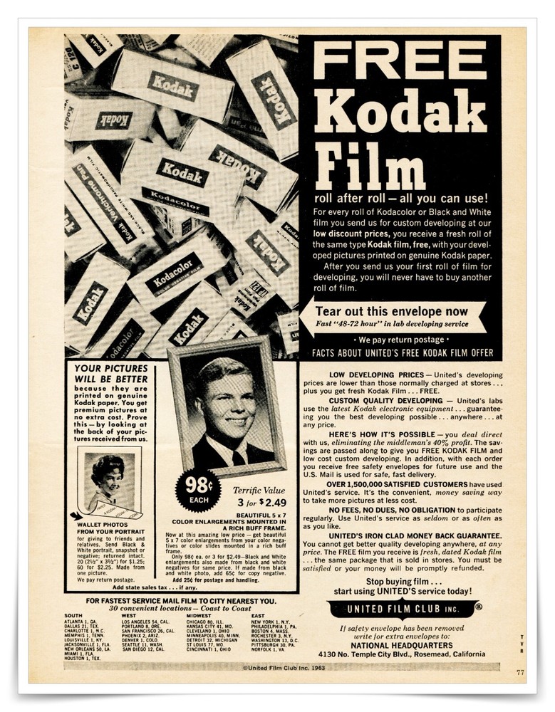 Print Ad United Film Club Free Kodak Film Vintage 1963 Newsprint Advertisement-image