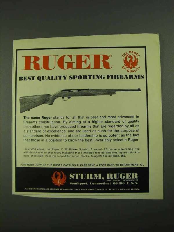 1972 Ruger 10/22 Deluxe Sporter Rifle Ad Showcasing Premium Craftsmanship