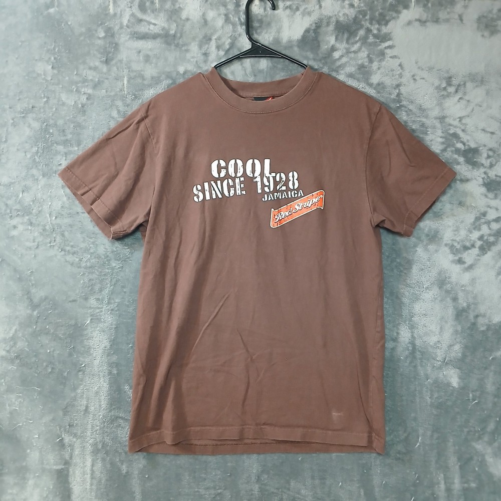 RED STRIPE BEER T SHIRT MENS LARGE BROWN JAMAICA PALM TREES