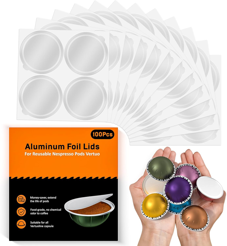 Aluminum Foil Lids for Nespresso Vertuo Reusable Pods, 100 PCS Foil Seal Cover
