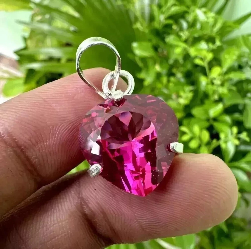 AA Pink Sapphire Pendant 30.66 Ct Pear Cut 925 Silver Gemstone Jewelry-image