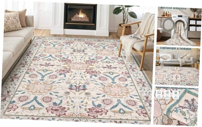 Vintage Floral Washable Nursery Rug 8x10 for Kids & Girls Large Area Rugs