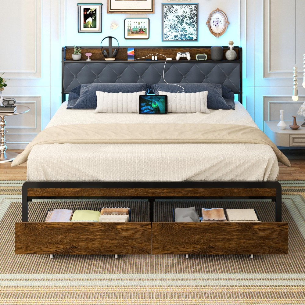 Queen Size Metal Platform Bed Frame with 2 Storage Drawers & LED Light, Uphol...
