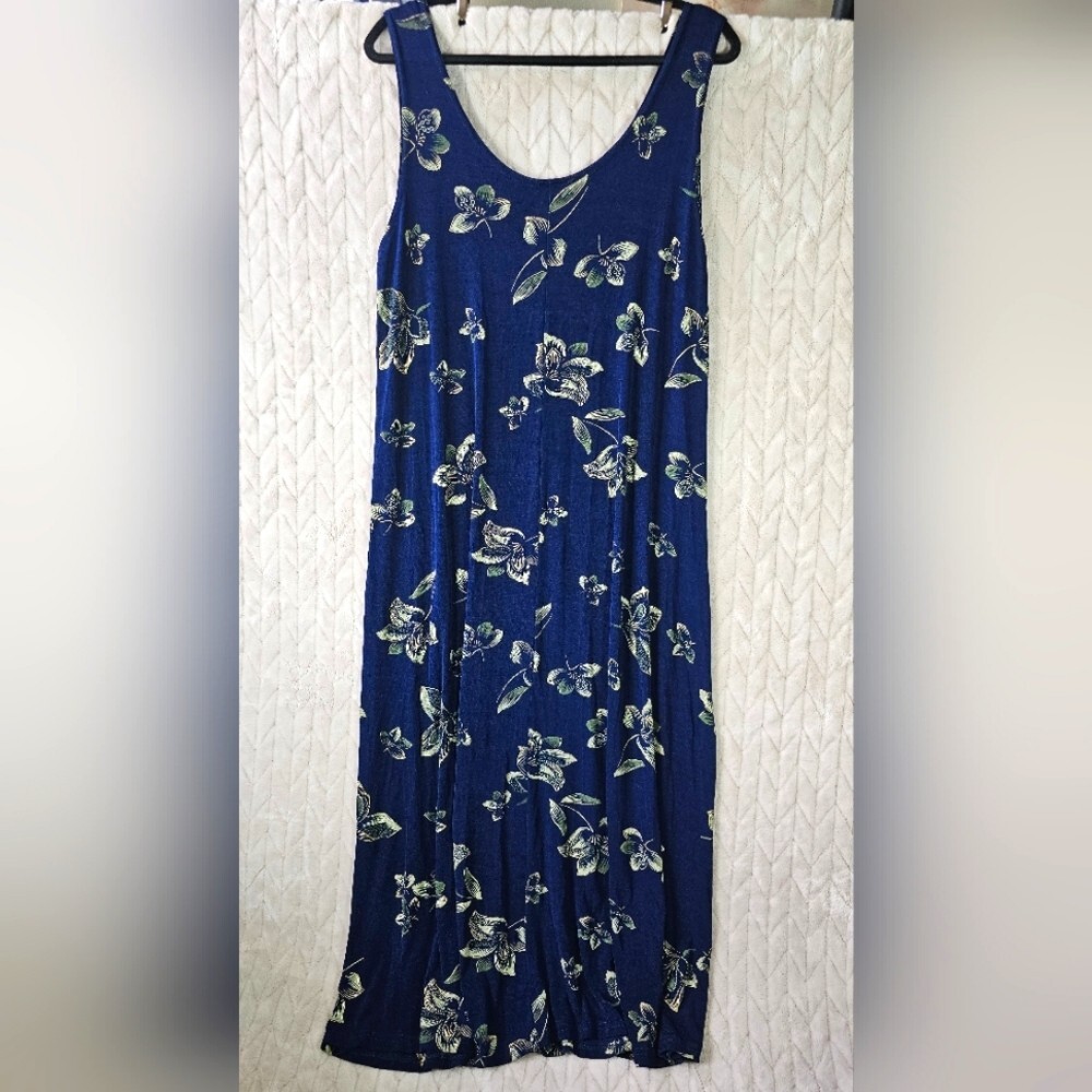 Vintage Jostar Slinky Maxi Dress XL Floral 90s Sleeveless Navy Phoebe Metallic