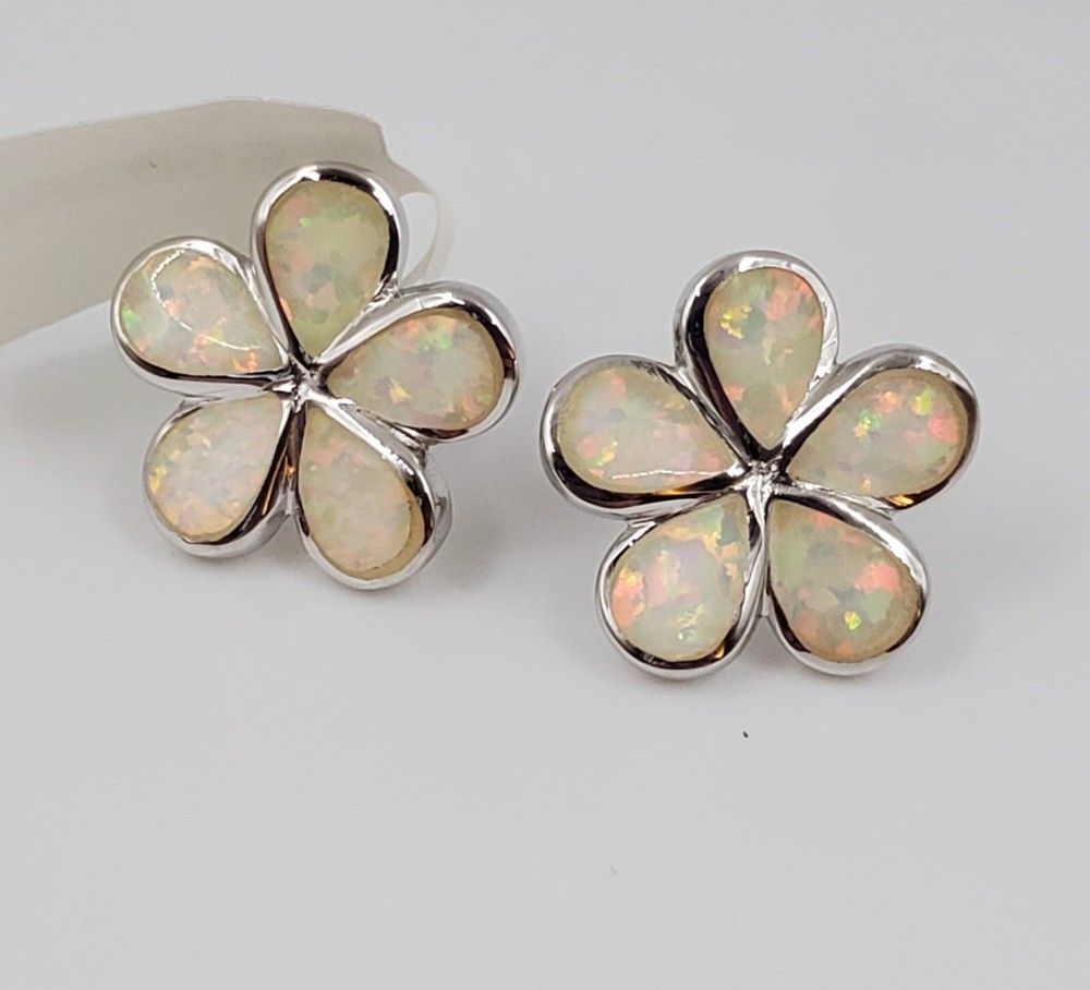 Designer Varella NWT Sterling Silver Flower Plumeria Earrings Lab Opals