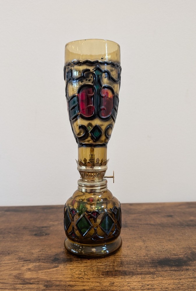 Vintage Miniature Amber Oil Lamp Made In Hong Kong, Never Used, Full Wick