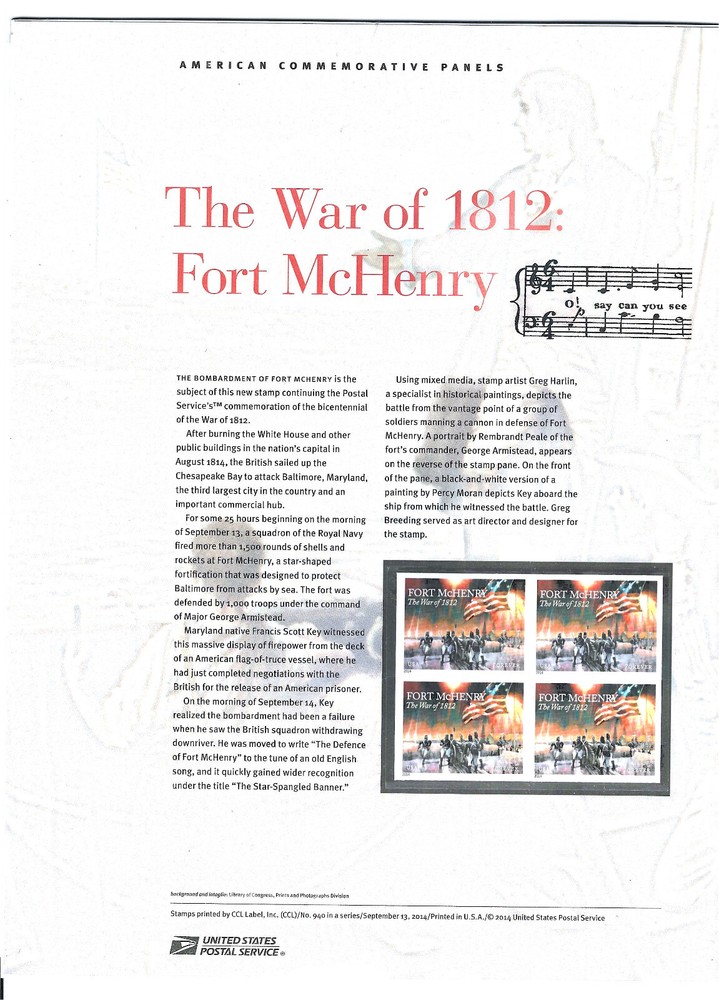 USPS COMMEMORATIVE PANEL #940 WAR OF 1812 MNH FOREVER BLK