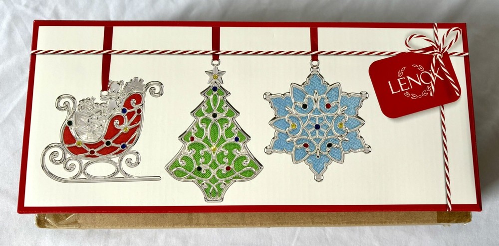 *NEW* - Lenox -MERRY & BRIGHT- Christmas Ornament Set of 3 Tree,Sleigh,Snowflake