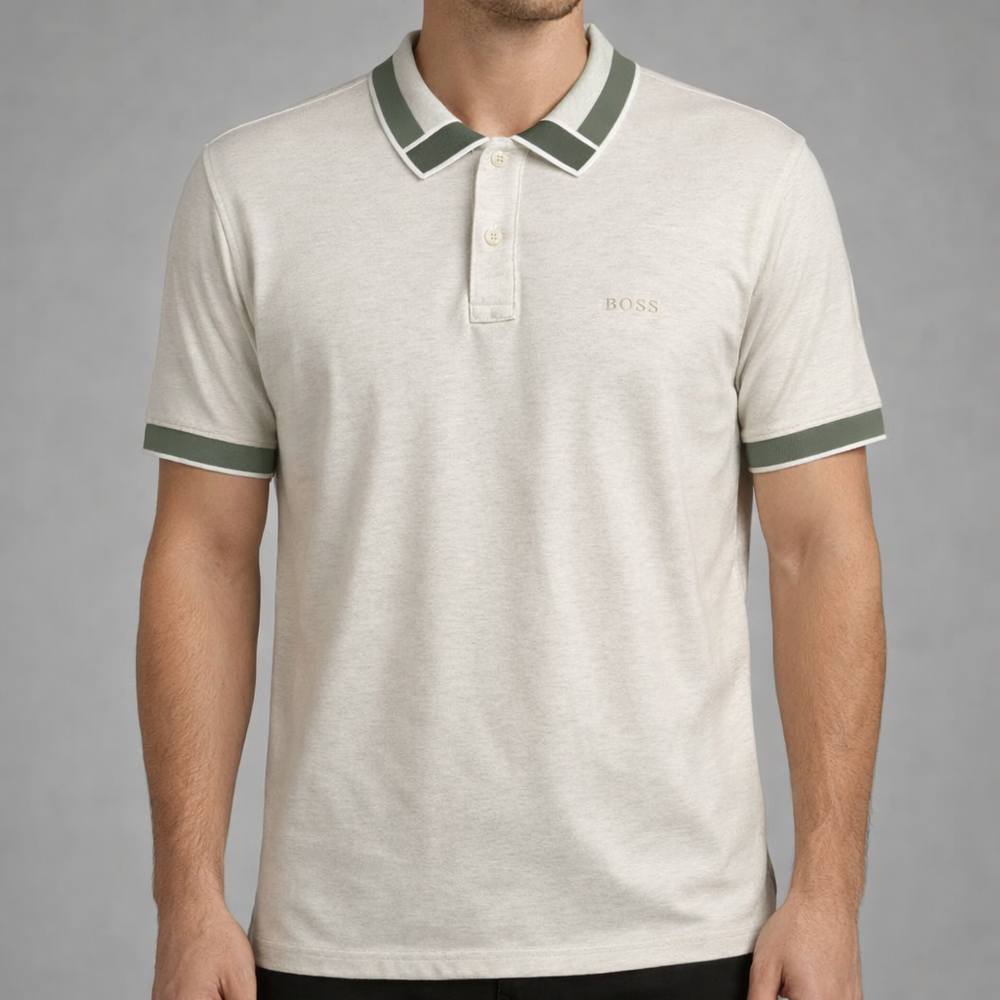 Hugo Boss Men's Polo Shirt Size M Off White Green Collar Short Sleeve Soft Knit