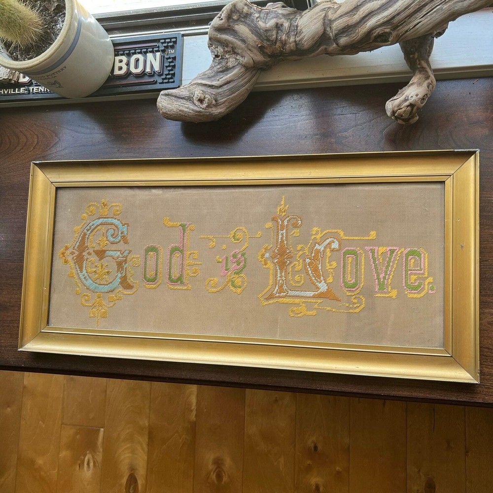 Antique Framed Victorian Paper Punch Motto “God Is Love” 1800’s