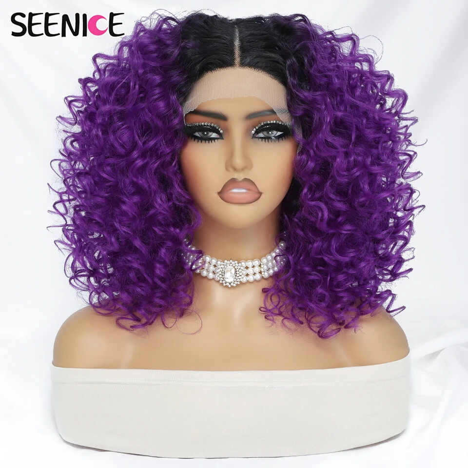 Purple Curly Synthetic Lace Front Wigs Women Water Waves Heat Resistant Lace Wig